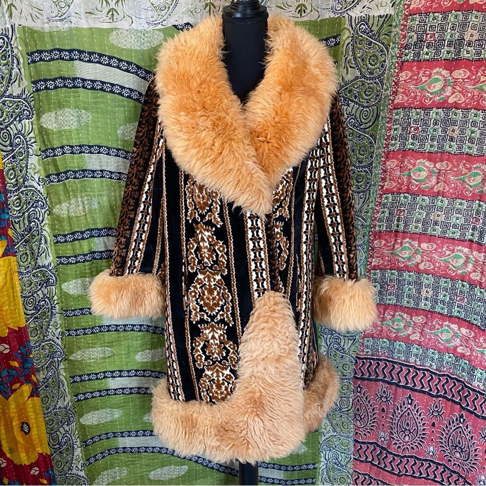 Vtg 1960's Country Pacer Multicolored Tapestry Faux Fur Penny Lane Coat Size S/M